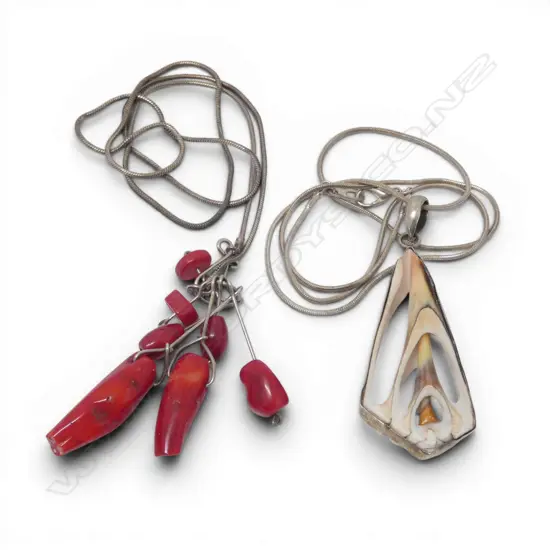 DYED CORAL NECKLACE + BISECTED SHELL NECKLACE ON STG SILVER CHAIN