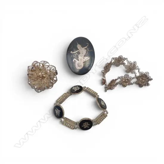 4 PCS ASIAN SILVER  2 BRACELETS & 2 BROOCHES, 47.61gm