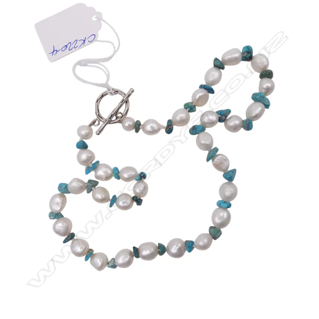 Rope Baroque freshwater pearl and turquoise with Sterling ring and toggle fitting. L.470mm Image 1++