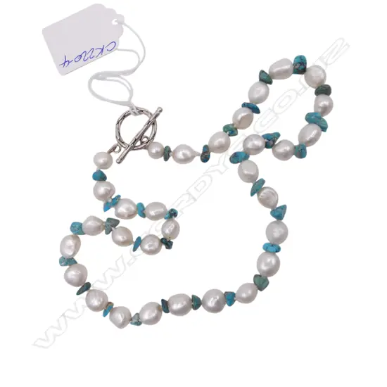 Rope Baroque freshwater pearl and turquoise with Sterling ring and toggle fitting. L.470mm