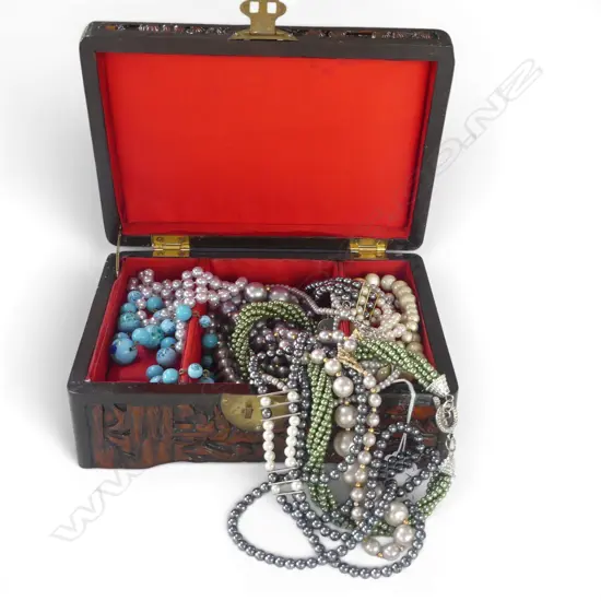 VINTAGE CARVED SMALL CAMPHOR BOX with selection costume necklaces: pearls etc