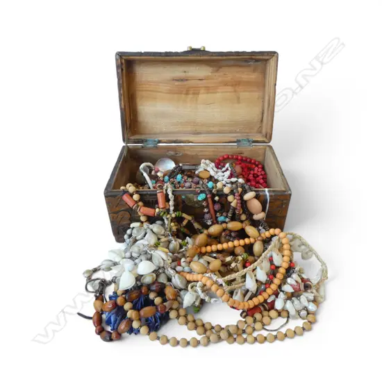 SMALL CAMPHOR BOX WITH SHELL & TRIBAL NECKLACES & BRACELETS