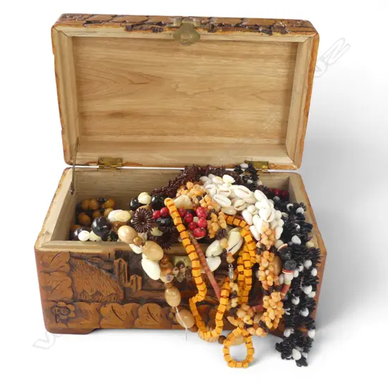 SMALL CAMPHOR BOX WITH SHELL & TRIBAL NECKLACES & BRACELETS