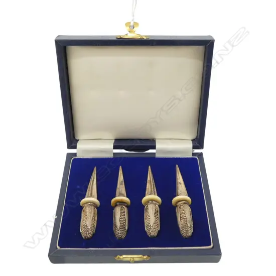 BOXED SET OF 4 STG SILVER CORN COB HOLDERS w. IVORY RINGS, BIRMINGHAM 1985, 126gms TW