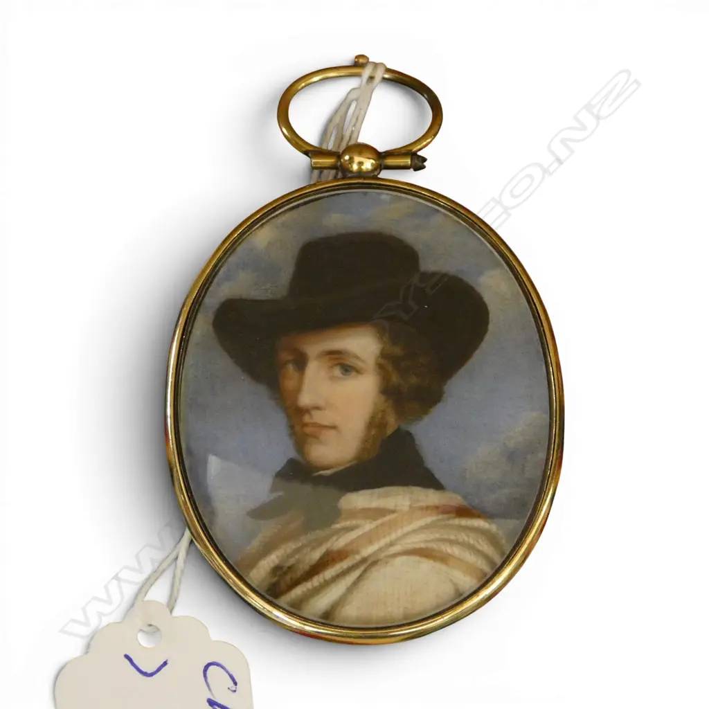 19thC hand painted PORTRAIT MINATURE ON IVORY of a gent wearing black hat & cravat. H.60mm w loop suspension. Image 1++