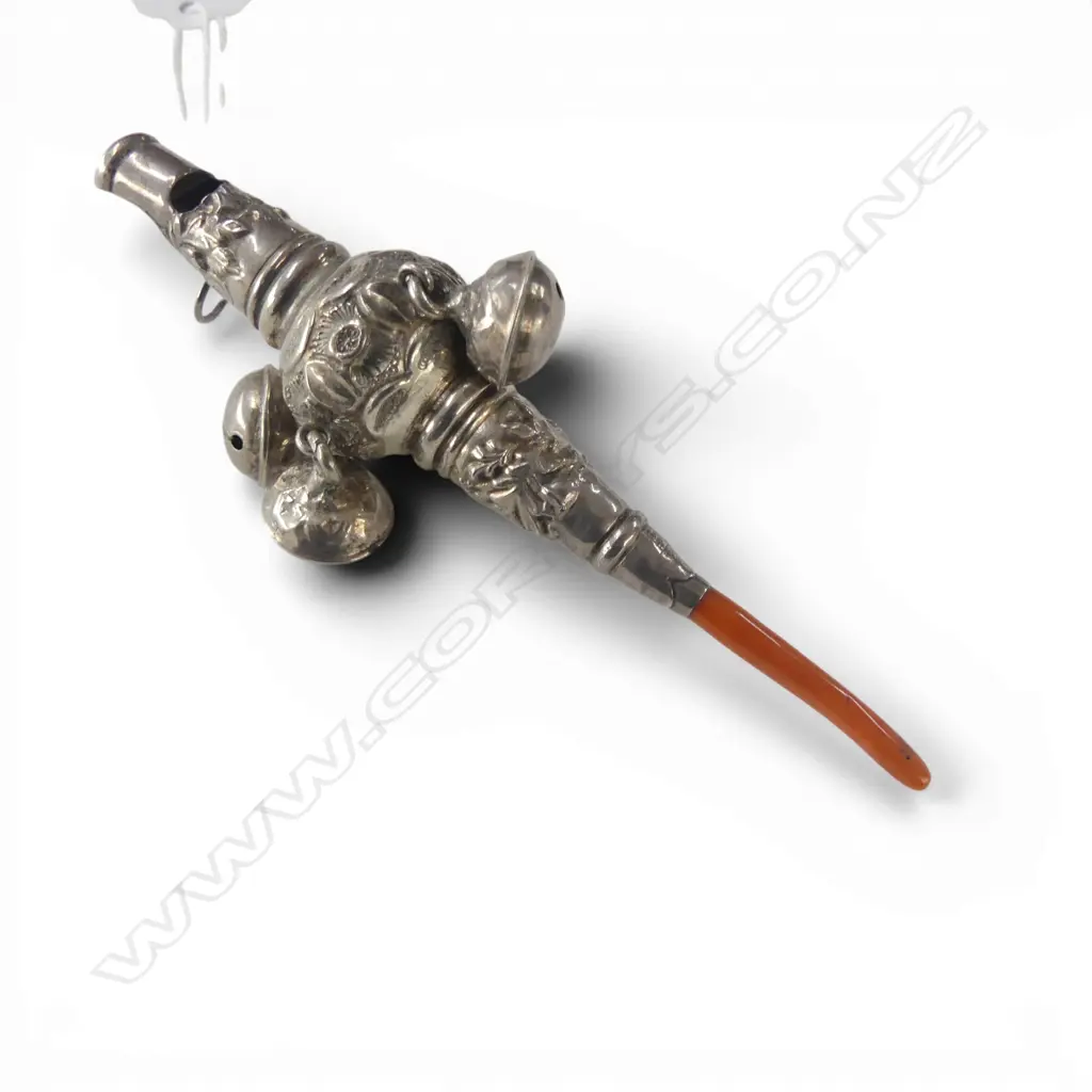 VICTORIAN STERLING SILVER & CORAL BABY RATTLE, B'HAM 1896 L.100mm Image 1++