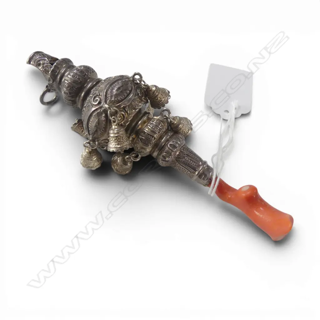 VICTORIAN STERLING SILVER & CORAL BABY RATTLE, B'HAM 1875 L.110mm Image 1++