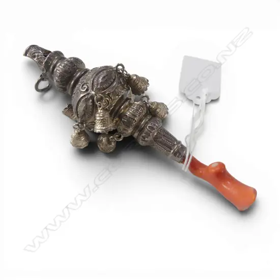 VICTORIAN STERLING SILVER & CORAL BABY RATTLE, B'HAM 1875 L.110mm