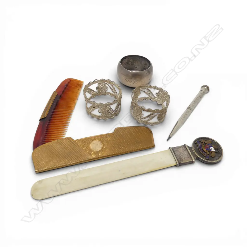 STG SILVER NAPKIN RING, 19.86gm & 2 ETHNIC SILVER? + letter opener, comb & propelling pencil Image 1++