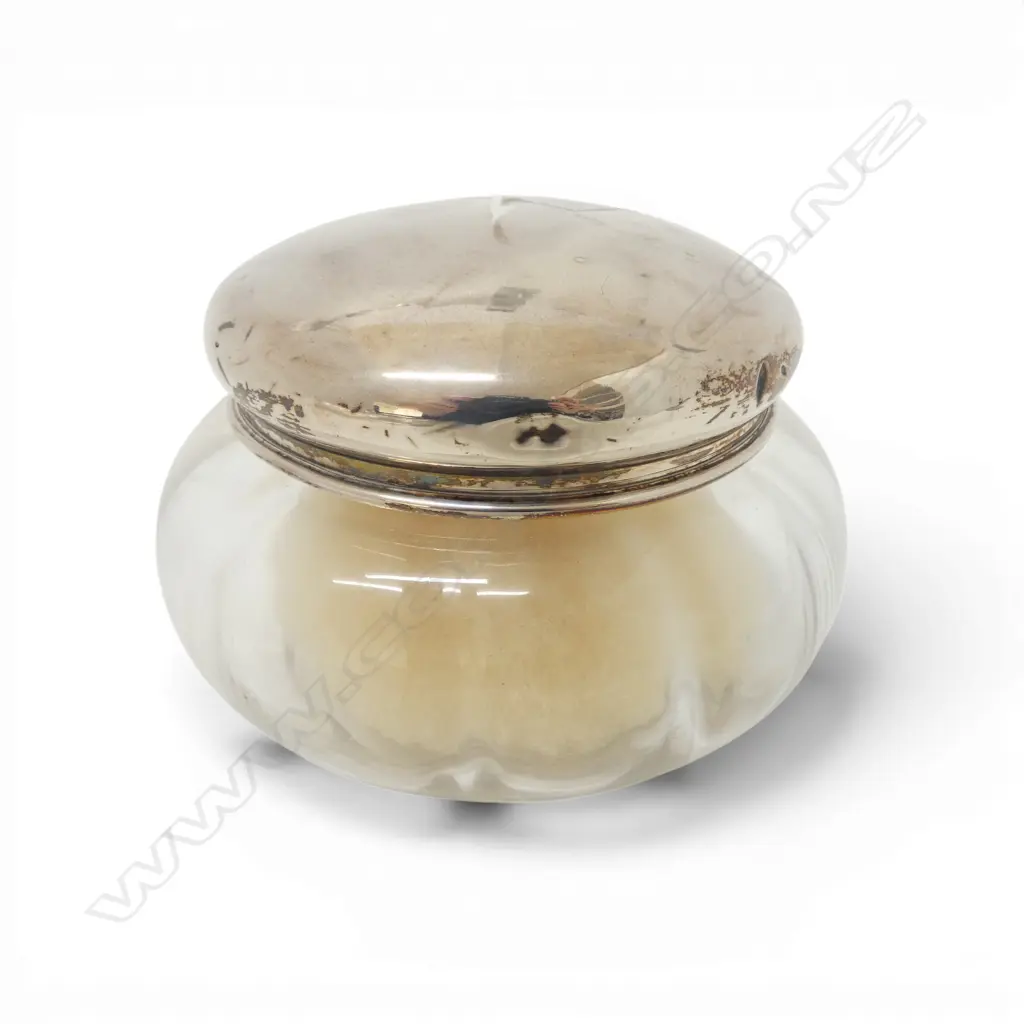 CRYSTAL POWDER JAR w. STG SILVER LID, LONDON 1922 51gms 150mm dia Image 1++