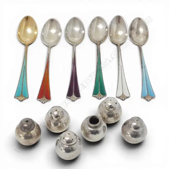 6 STG SILVER S&P SHAKERS one lid missing + 6 DAVID ANDERSON STG SILVER & ENAMEL TEA SPOONS, 99gms TW
