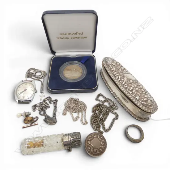 3 STG SILVER CONTAINERS + ASST. SCRAP 73gms & THAI COIN (NOT SILVER)