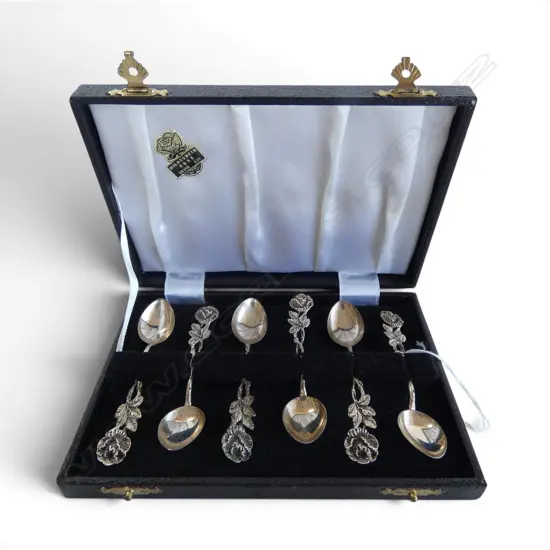 BOX SET 5 GERMAN .835% SILVER ROSE PATTERN COFFEE SPOON silver weight 48gms