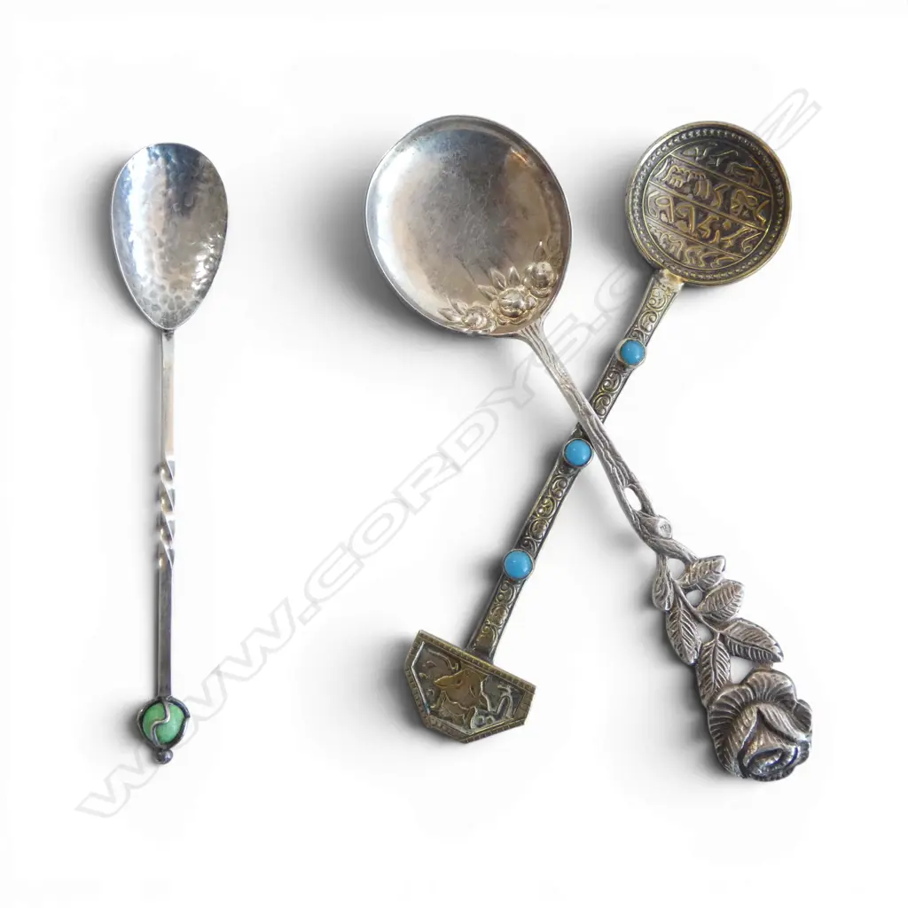 AUSTRALIAN ARTS & CRAFTS SILVER TEASPOON, marked SARGISONS HOBART & 2 decorative plated teasoons Image 1++