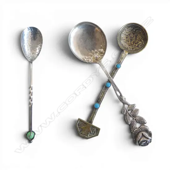 AUSTRALIAN ARTS & CRAFTS SILVER TEASPOON, marked SARGISONS HOBART & 2 decorative plated teasoons