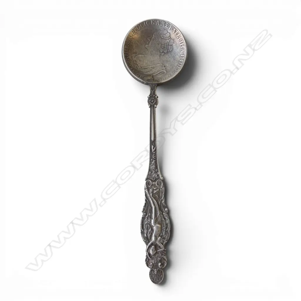 Moscow 1874 RUSSIAN SILVER SPOON elaborate handle with naked maiden. Old coin bowl. L.145mm. 40gms Image 1++