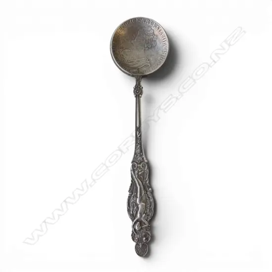 Moscow 1874 RUSSIAN SILVER SPOON elaborate handle with naked maiden. Old coin bowl. L.145mm. 40gms