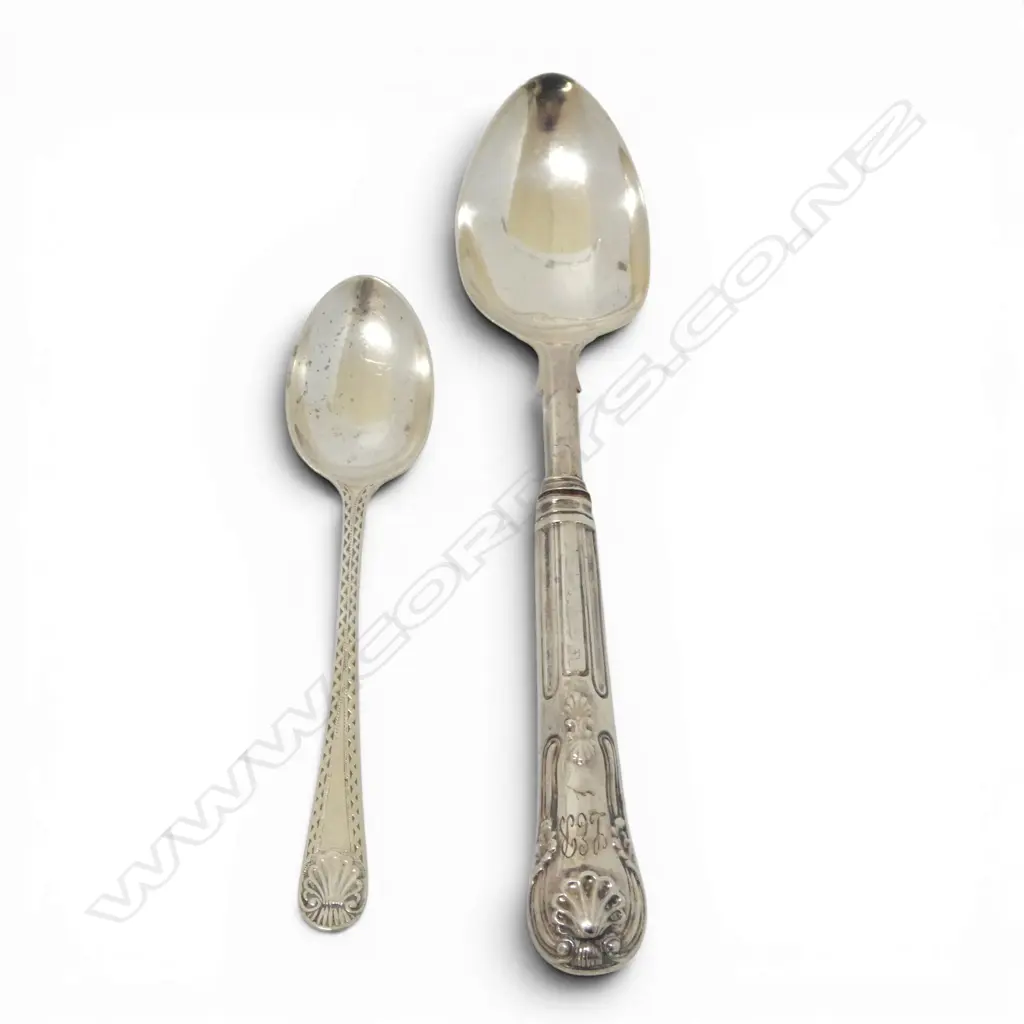 2 FANCY STERLING SILVER SPOONS: 1 GEORGIAN plaster filled handle 36gms Image 1++