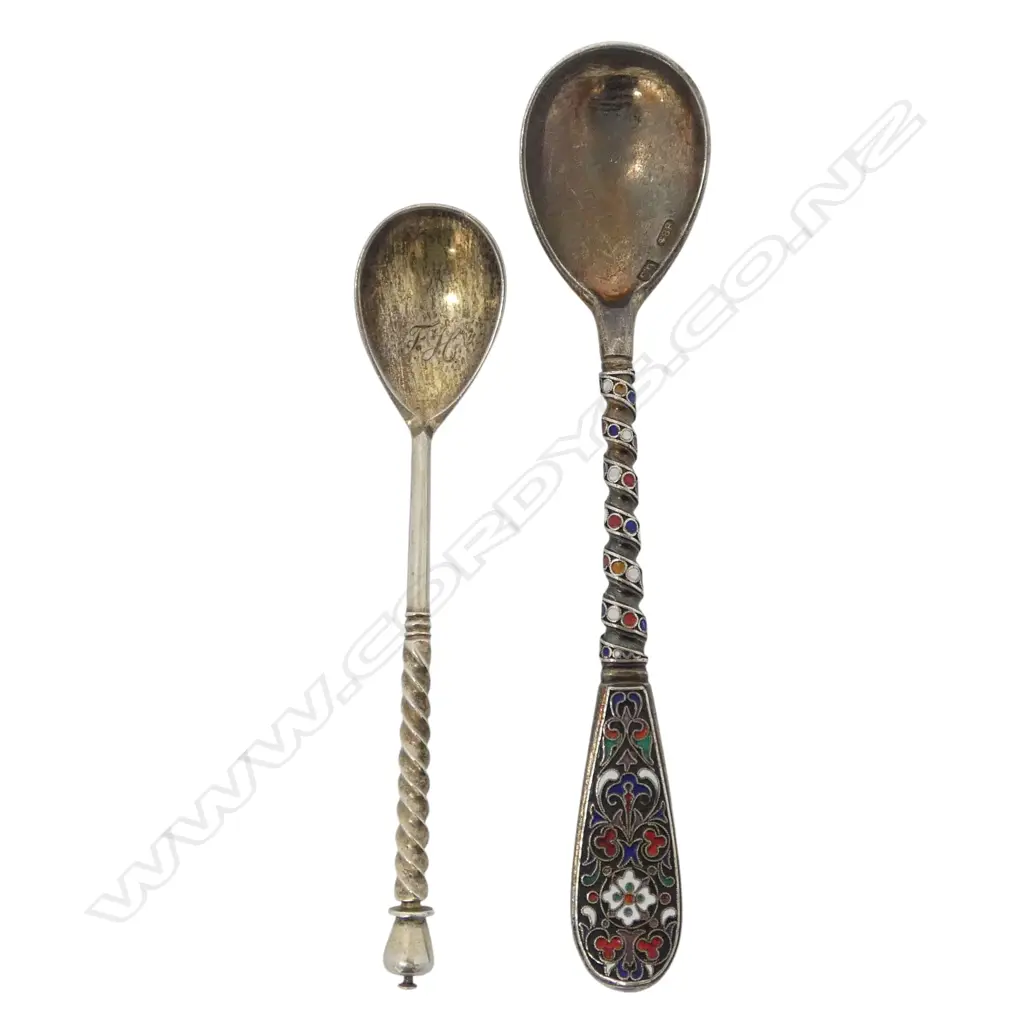 2 OLD RUSSIAN SILVER TEASPOONS, 1 w NIELLO CATHEDRAL to back & 1 ENAMELLED, 49gm Image 1++