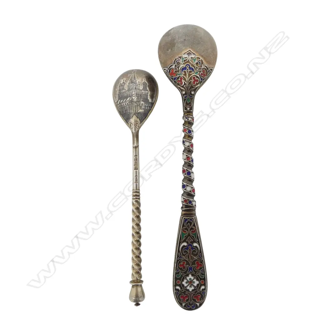 2 OLD RUSSIAN SILVER TEASPOONS, 1 w NIELLO CATHEDRAL to back & 1 ENAMELLED, 49gm Image 1++