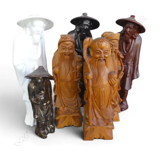 7 ORIENTAL FIGURES; 3 WOODEN H.300mm, 4 CERAMIC H.340mm