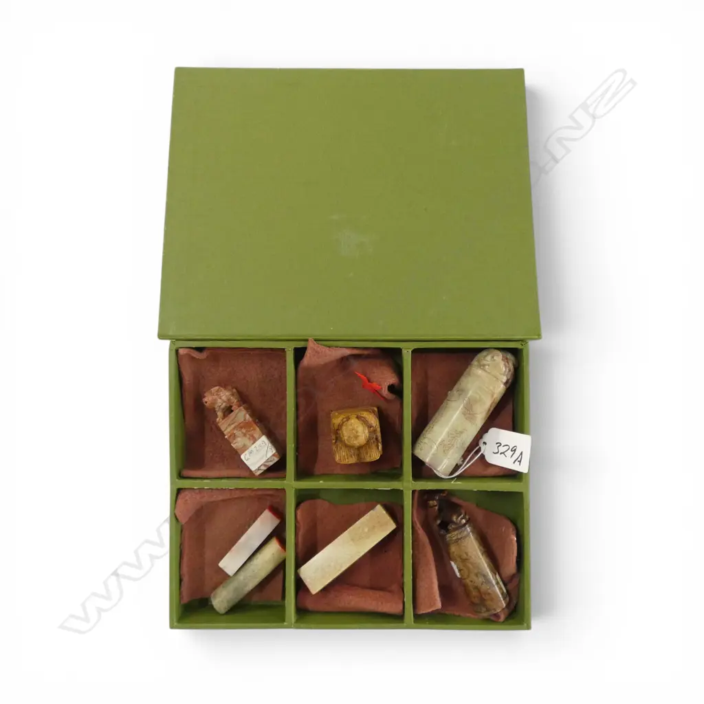 7 ORIENTAL CARVED SOAP STONE CHOP SEALS, BOXED Image 1++