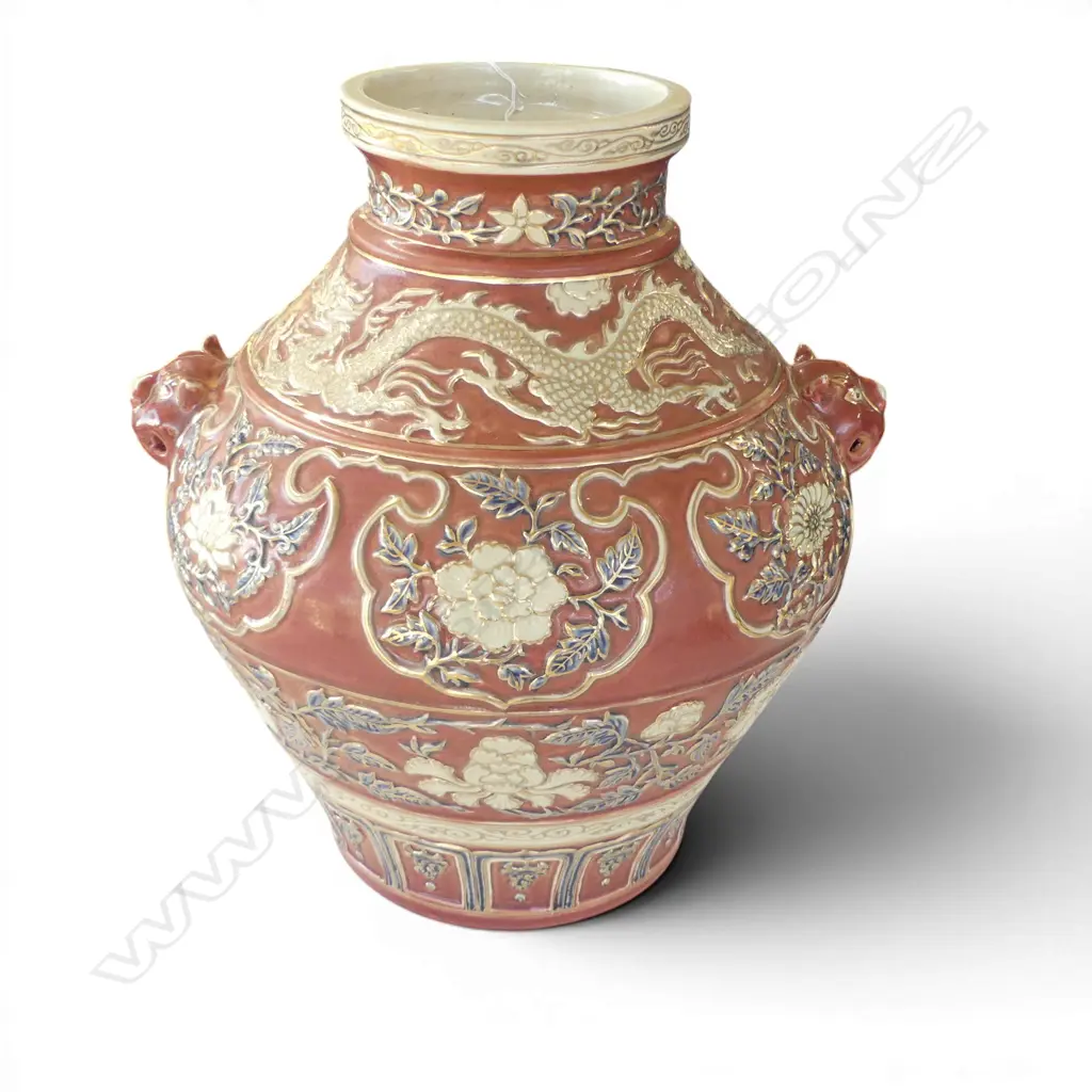 CHINESE MOULDED DRAGON & FLORAL VASE w. box H.410mm Image 1++