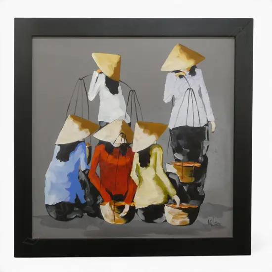 SIGNED ARTWORK, 5 ORIENTAL FIGURES, ACRYLIC ON CANVAS 680x680mm