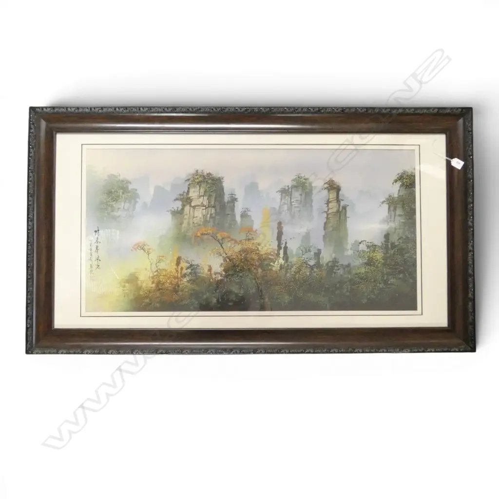 CHINESE LANDSCAPE ARTWORK DONE IN SAND, SIGNED 500x1000mm (770x1350mm overall) Image 1++