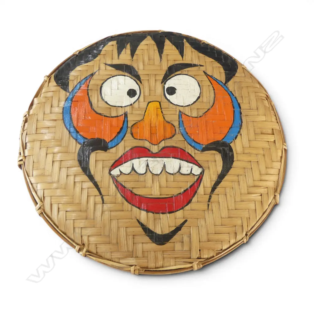 HAND PAINTED VINTAGE (HANOI) VIETNAMESE hand woven cane Dia.250mmBASKET MASK Image 1++