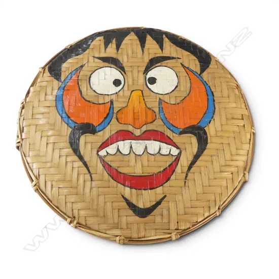 HAND PAINTED VINTAGE (HANOI) VIETNAMESE hand woven cane Dia.250mmBASKET MASK