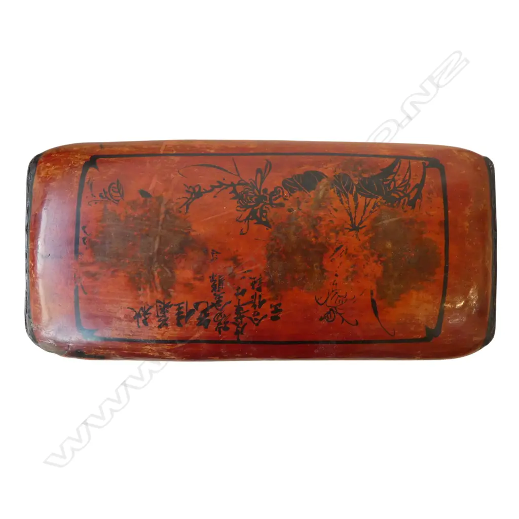 ORIENTAL RED WOODEN BOWL 490mm dia, LEATHER PILLOW, WOOD PRINT BLOCK Image 1++