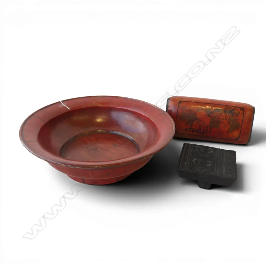 ORIENTAL RED WOODEN BOWL 490mm dia, LEATHER PILLOW, WOOD PRINT BLOCK Image 1++