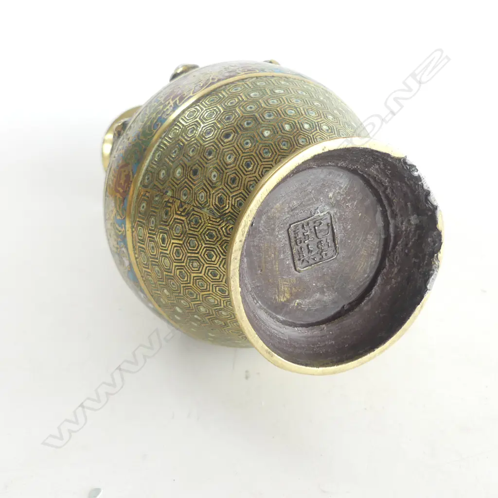 CHINESE CLOISONE VASE ELEPHANT RING HANDLES H290MM Image 1++