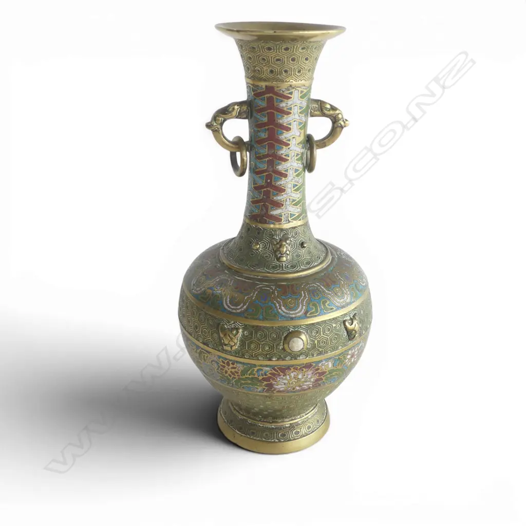 CHINESE CLOISONE VASE ELEPHANT RING HANDLES H290MM Image 1++