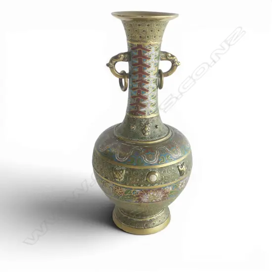 CHINESE CLOISONE VASE ELEPHANT RING HANDLES H290MM