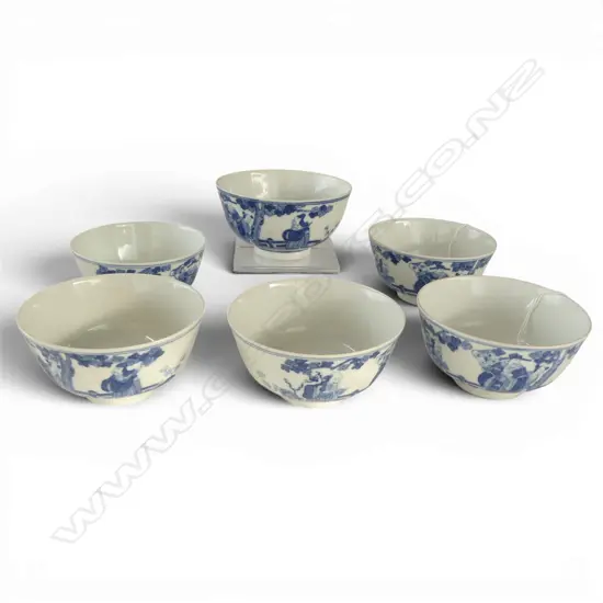 6 CHINESE PORCELAIN QIANLONG MARKED probably later B & W BOWLS with scholars Dia.115mm.