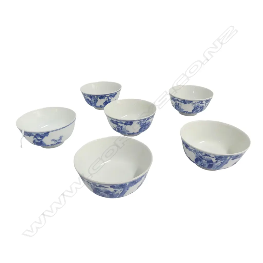 6 CHINESE PORCELAIN QIANLONG MARKED probably later B & W BOWLS with scholars Dia.115mm. Image 1++
