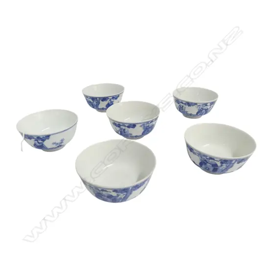 6 CHINESE PORCELAIN QIANLONG MARKED probably later B & W BOWLS with scholars Dia.115mm.