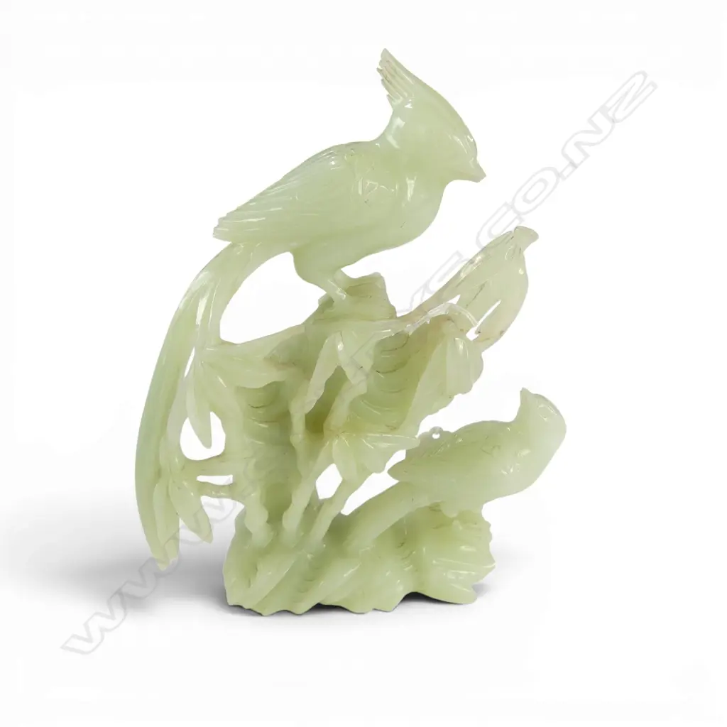 CHINESE PALE GREEN CARVING of 2 birds on rocky outcrop w leafy plants. Some faults. H.190mm Image 1++