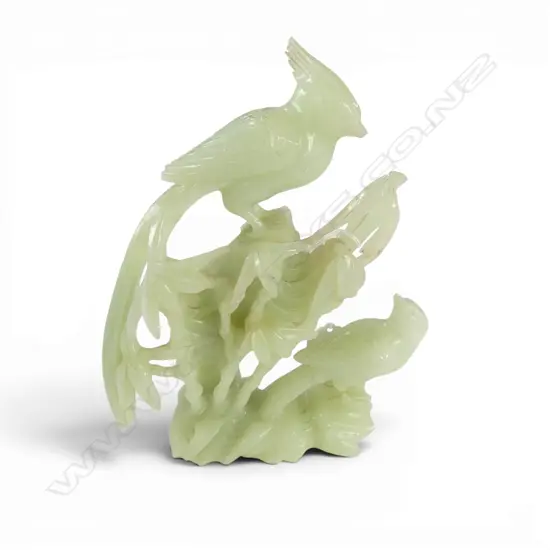 CHINESE PALE GREEN CARVING of 2 birds on rocky outcrop w leafy plants. Some faults. H.190mm