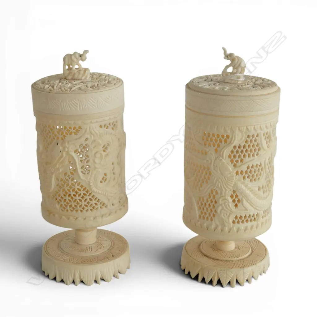 2 ORIENTAL CARVED IVORY CRICKET CAGES lidded w dragon finial & carved pierce dragon body H.160mm Image 1++