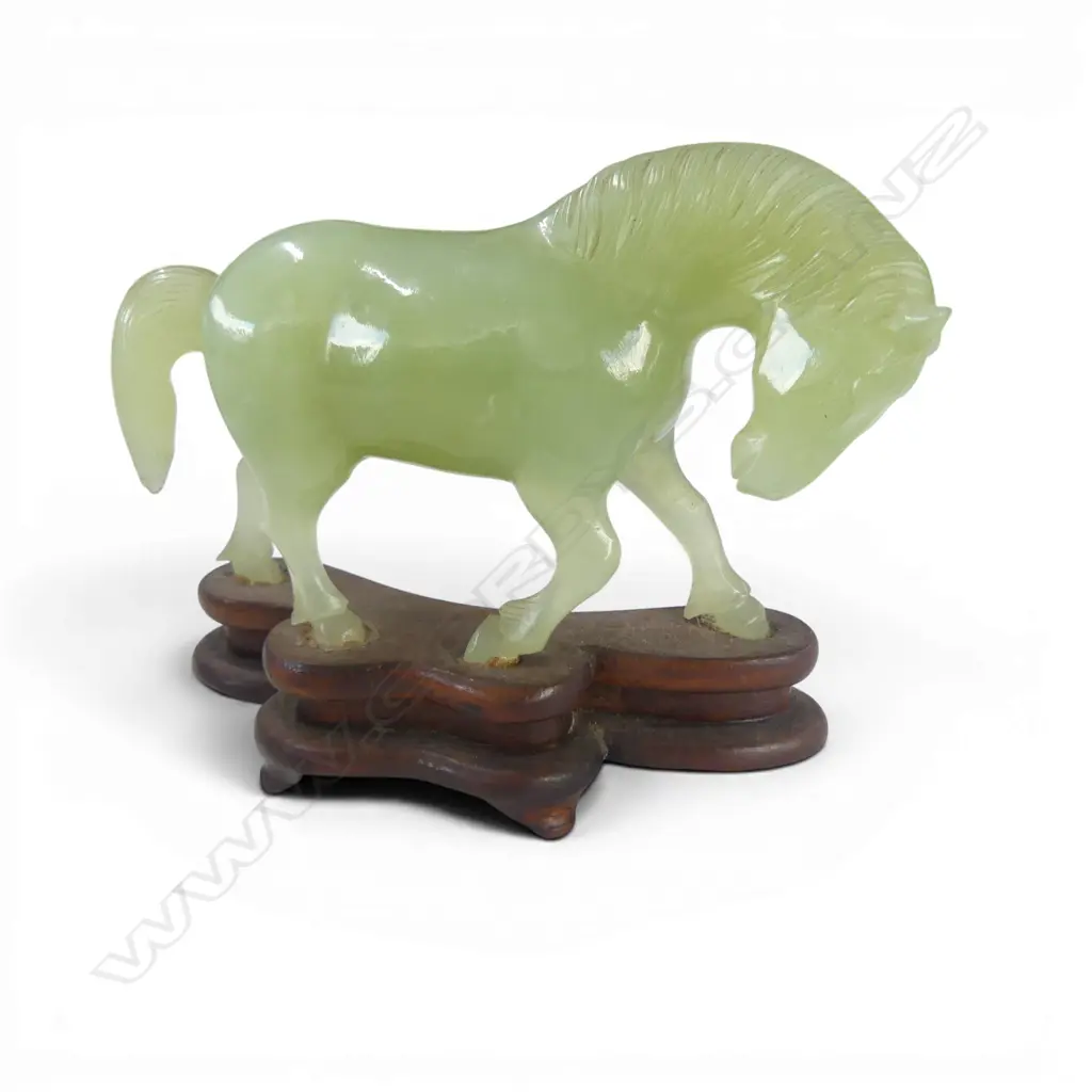 CHINESE PALE GREEN JADE CARVED HORSE head lowered chipped ear. On stand. L.130mm Image 1++