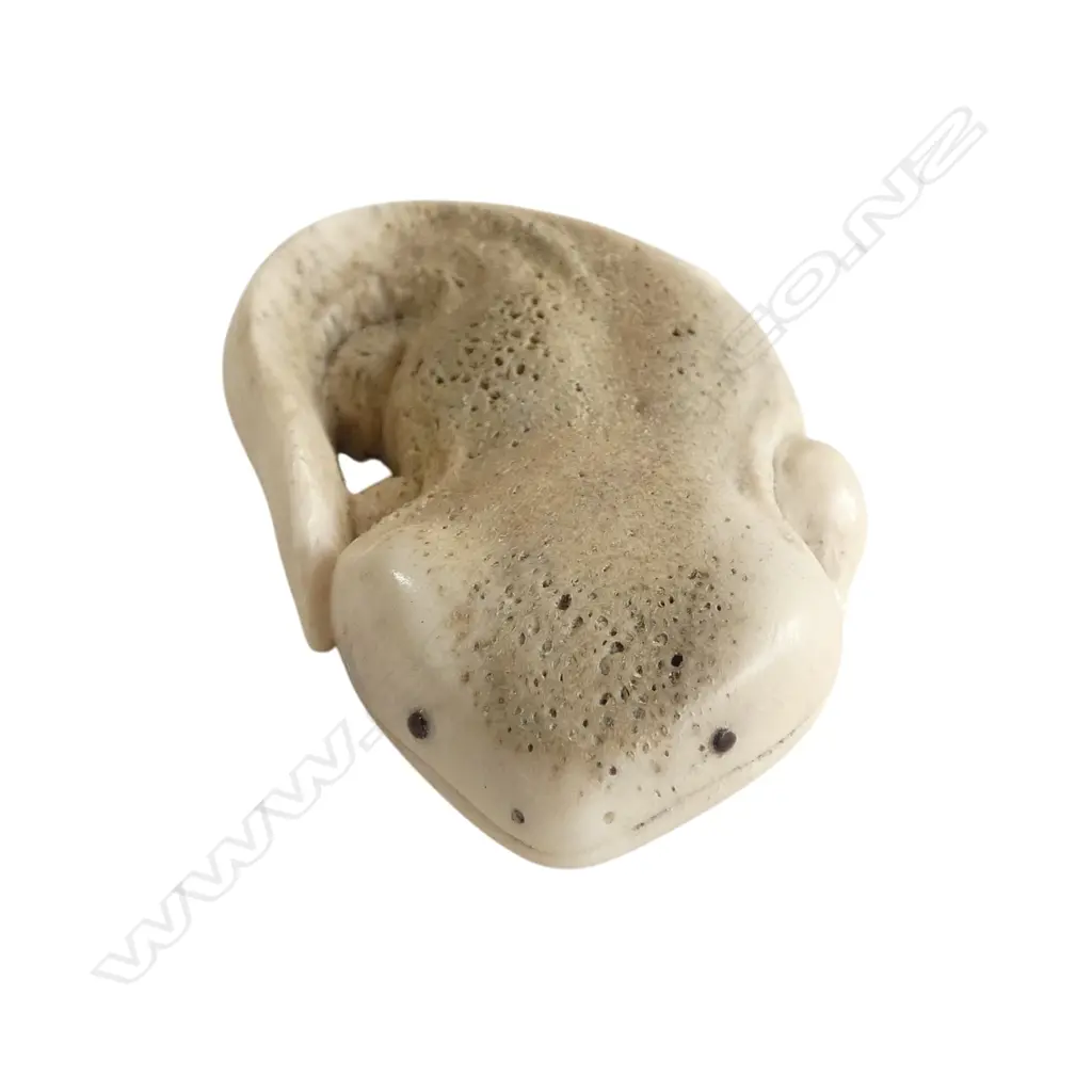 Fumio Noguchi (JAPANESE/NZ) SALAMANDER CARVED DEER ANTLER NETSUKE buffalo horn eyes. Signed. L.53mm Image 1++