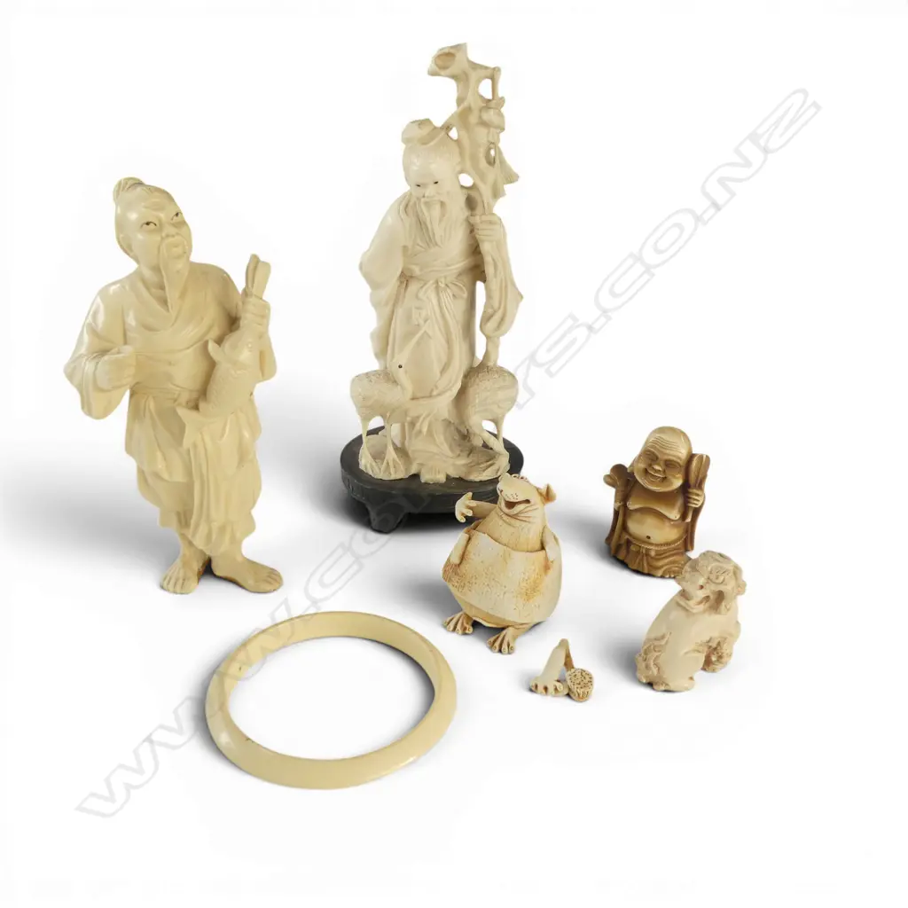 5 FAUX IVORY PLASTIC ORIENTAL ITEMS: Tallest 190mm. + ceramic mouse a.f Image 1++