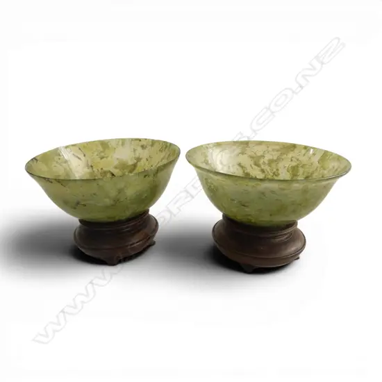 2 SPINACH JADE CLASSIC BOWLS ON WOOD STANDS. Dia.102mm.