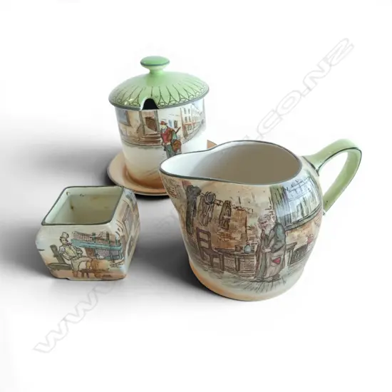3 PCS ROYAL DOULTON DICKENS WARE, JUG, SML VASE & LIDDED JAR repaired