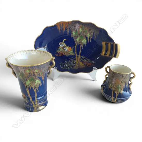 3PCS ROUGE BLEU CARLTON WARE DISH L260MM  2 VASES H130MM & 90MM