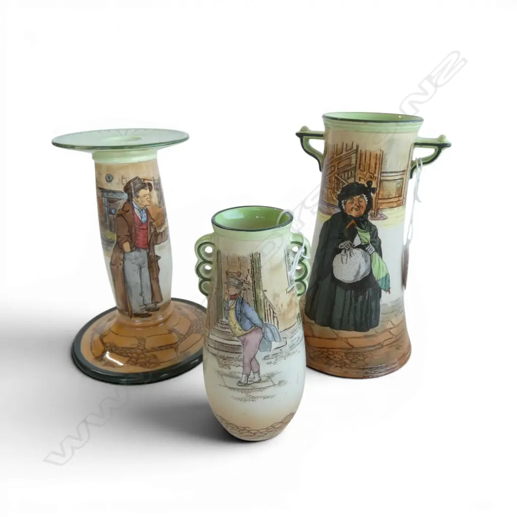 3 PCS ROYAL DOULTON DICKENS WARE, 'The Artful Dodger' CANDLESTICK, H.170mm & 2 VASES Image 1++