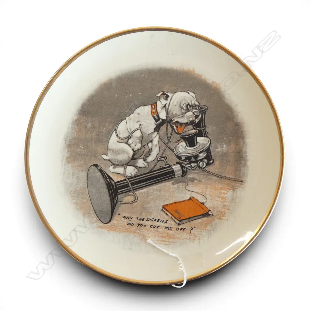 VINTAGE BONZO WALL HANGING PLATE 'Why the Dickens did you cut me off?', maker A.V.Jones stamp & no. to base Image 1++